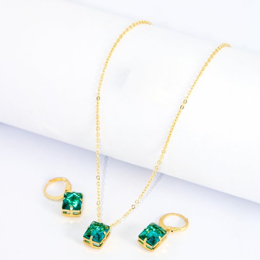 Conjunto Brinco e Colar Quadrado Verde Banhado