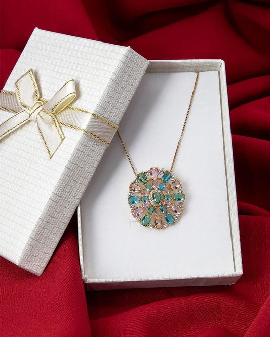 Colar Pingente Mandala Flor de Pedra de Zircônia Multicolor Banhado em Ouro 18K
