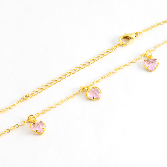 Pulseira com Pingente Coração Pedras Artificias Quartzo Rosa