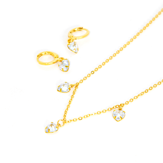 Conjunto Colar e Brinco Com Zircônias Formato 3 Corações