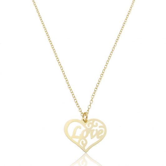 Colar Design Coração Vazado Escrito Love Banhado a Ouro 18k