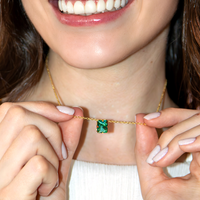 Conjunto Brinco e Colar Quadrado Verde Banhado