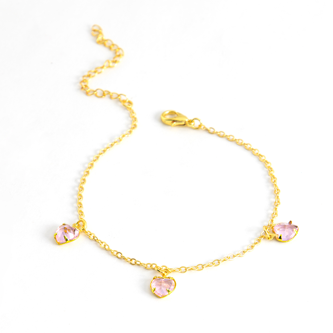 Pulseira com Pingente Coração Pedras Artificias Quartzo Rosa