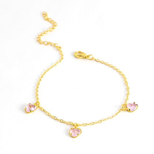 Pulseira com Pingente Coração Pedras Artificias Quartzo Rosa