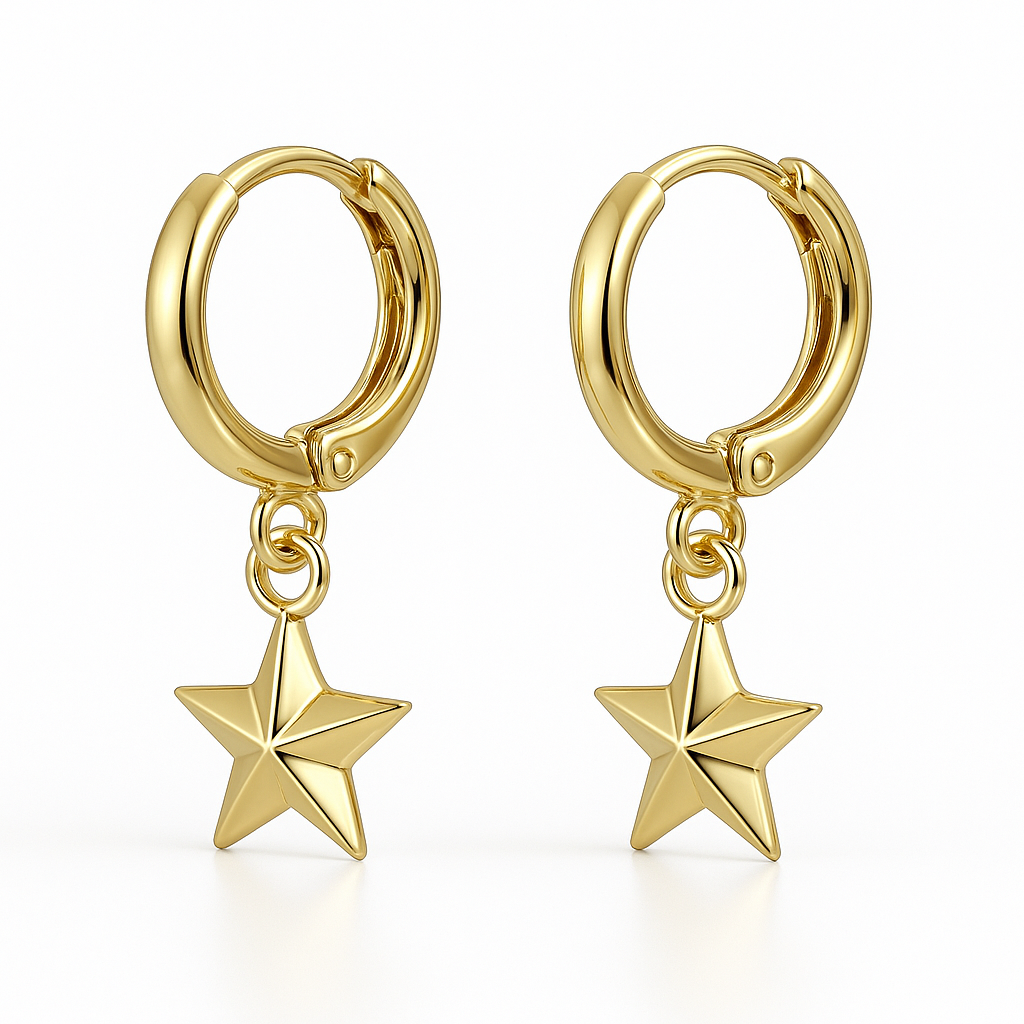 Brinco de Argolinha com Pingente de Estrela Banhado em Ouro 18K